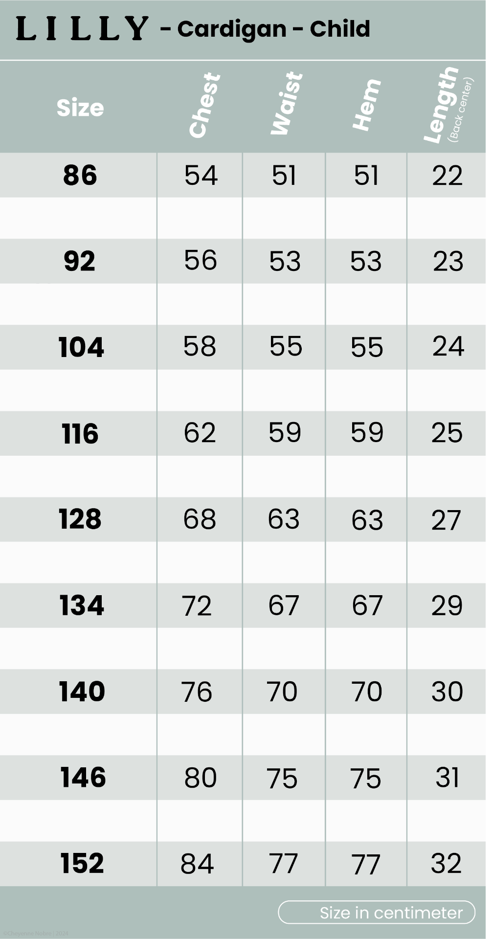 Lilly cardigan size chart